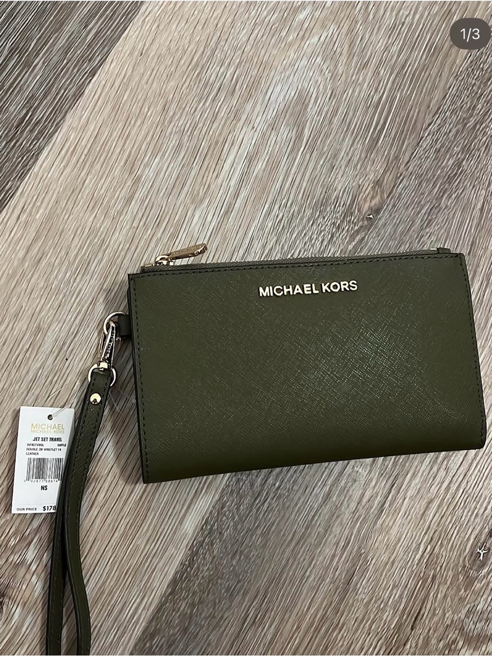 Michael Kors Olive Green Saffiano Wristlet Clutch with Gold Logo